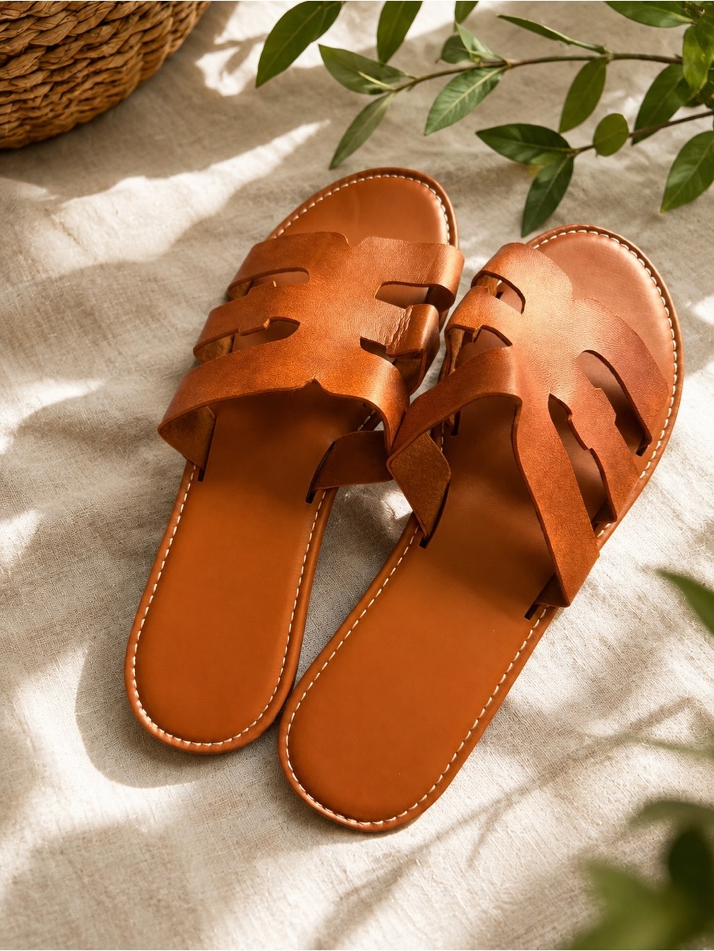 Women’s Slide Sandals - Cognac Brown Leather Slip-On